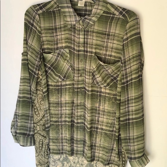 Band of Gypsies Green Sheer Plaid Long Sleeves Button Down Shirt Blouse … - Picture 4 of 7